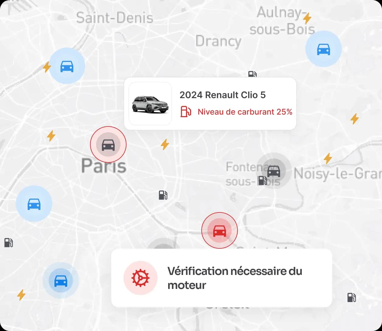 La carte des véhicules avec leurs alertes : niveau de carburant bas et vérification moteur nécessaire
