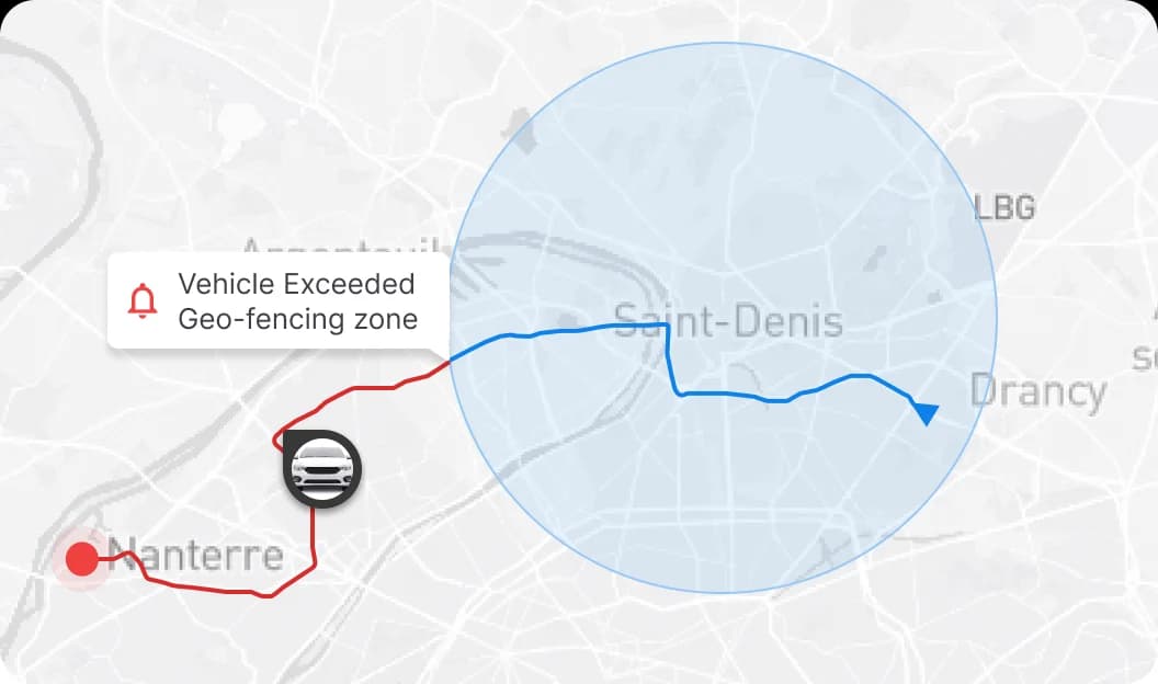 A geofencing zone on the map and the alert raised when a vehicle leaves it