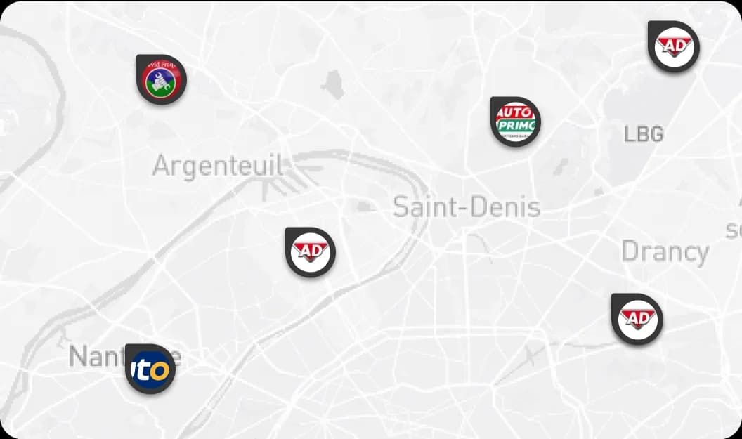 La carte des garages et centres partenaires autour des sites de la flotte
