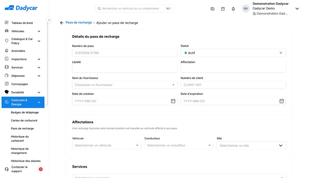 Le haut du formulaire Ajouter un pass de recharge : Détails du pass de recharge avec le numéro de pass, le statut Actif, le libellé, l'affectation, le fournisseur, le numéro de client et les deux dates, puis le bloc Affectations.
