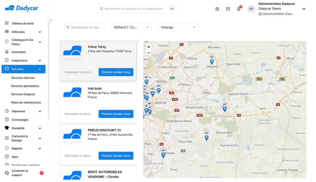 La page des garages du réseau : à gauche la liste des garages avec leur adresse et les boutons Demander un devis et Prendre rendez-vous, à droite la carte des garages