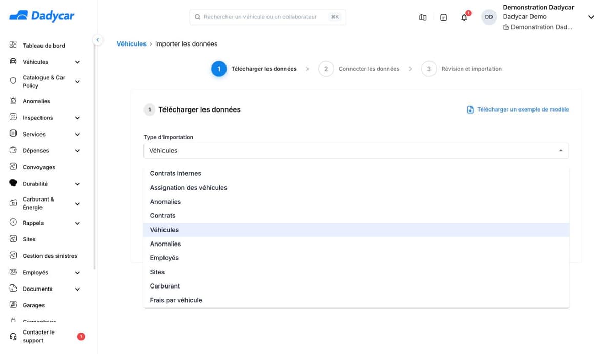 Assistant d'import de Dadycar, étape Télécharger les données : lien Télécharger un exemple de modèle et liste Type d'importation ouverte