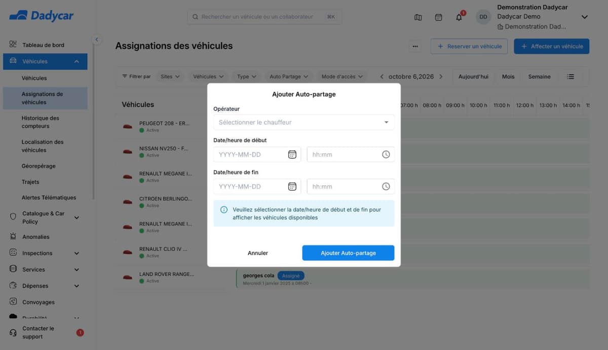 La fenêtre Ajouter Auto-partage à l'ouverture : le champ Opérateur, deux dates et un message qui invite à les saisir pour afficher les véhicules disponibles