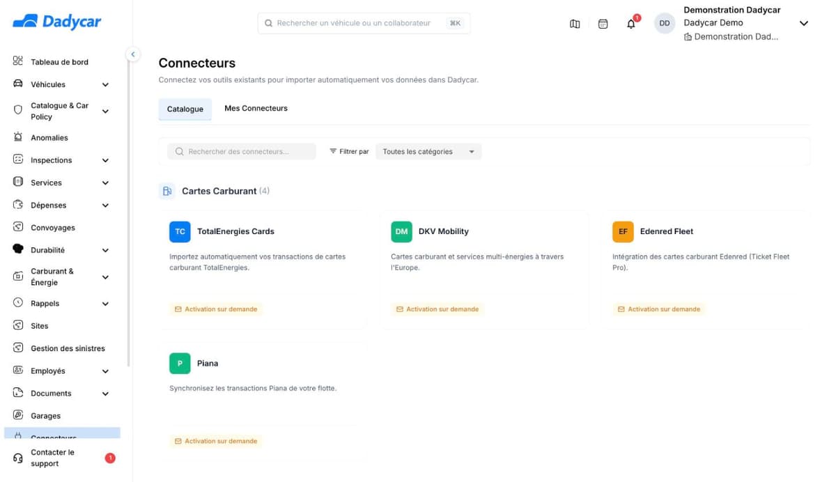 Écran Connecteurs de Dadycar, onglet Catalogue : cartes TotalEnergies Cards, DKV Mobility, Edenred Fleet et Piana, en activation sur demande