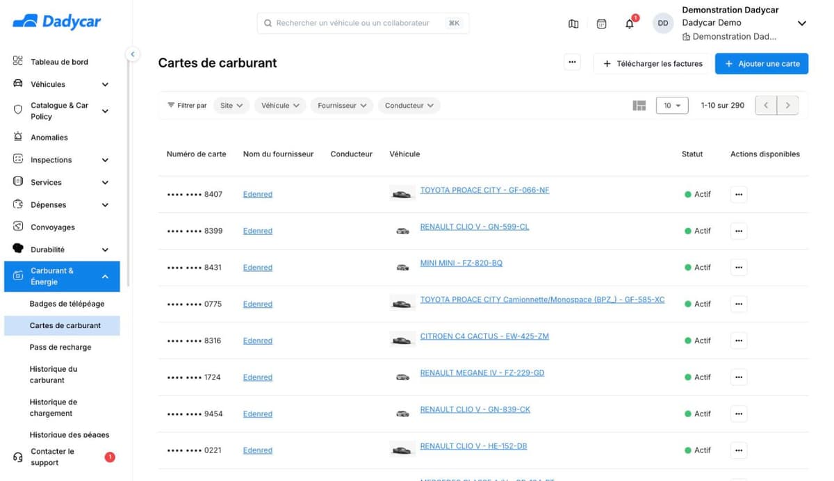 Liste Cartes de carburant de Dadycar : numéro de carte masqué, fournisseur, conducteur vide, véhicule, statut Actif