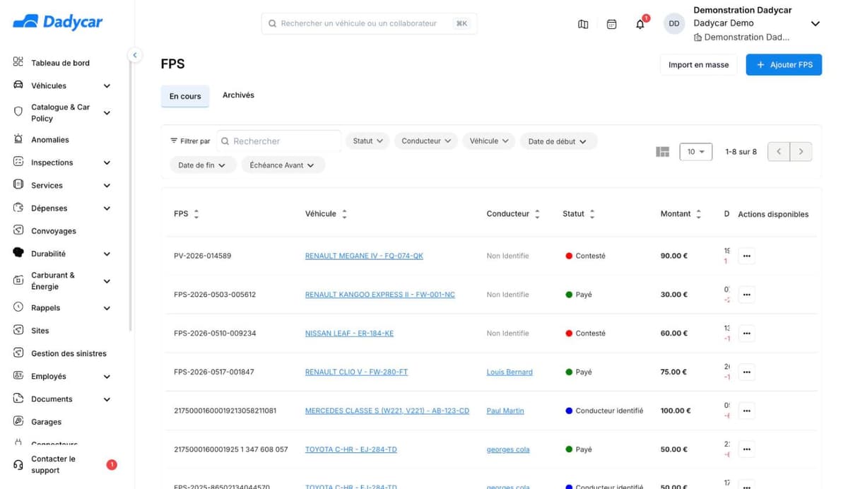 L'écran FPS : les boutons Import en masse et Ajouter FPS, les onglets En cours et Archivés, les filtres, et la liste des forfaits avec leur véhicule, leur conducteur, leur statut et leur montant