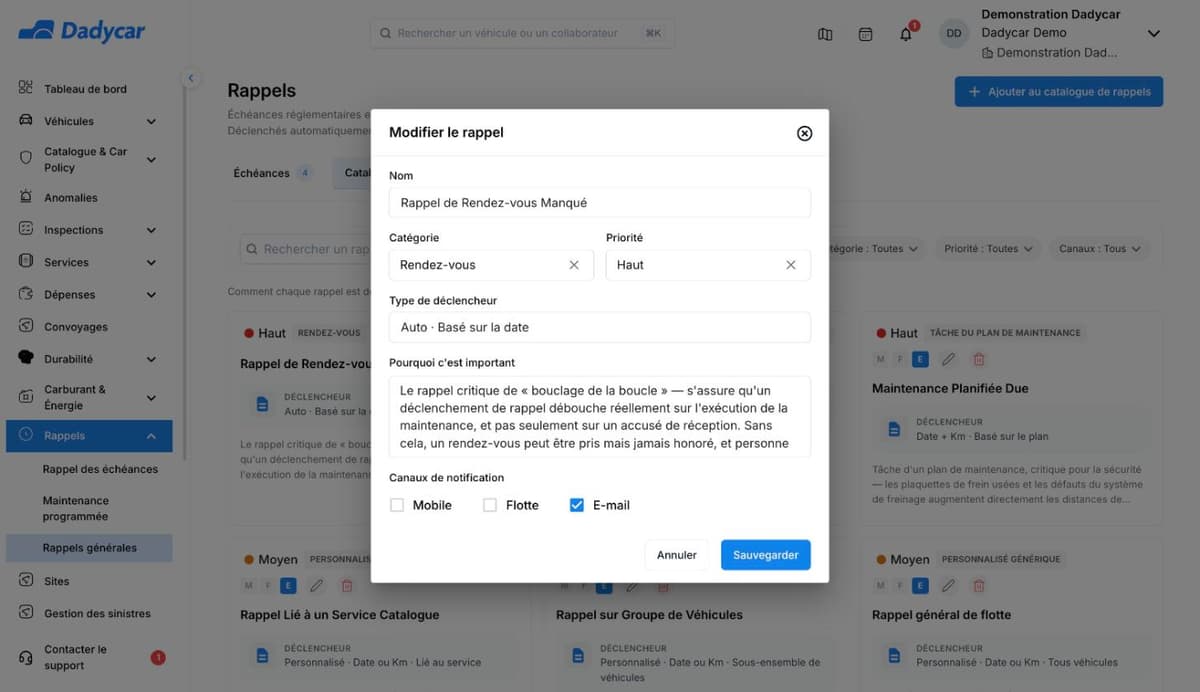 Fenêtre Modifier le rappel du catalogue Dadycar, avec les cases Mobile, Flotte et E-mail