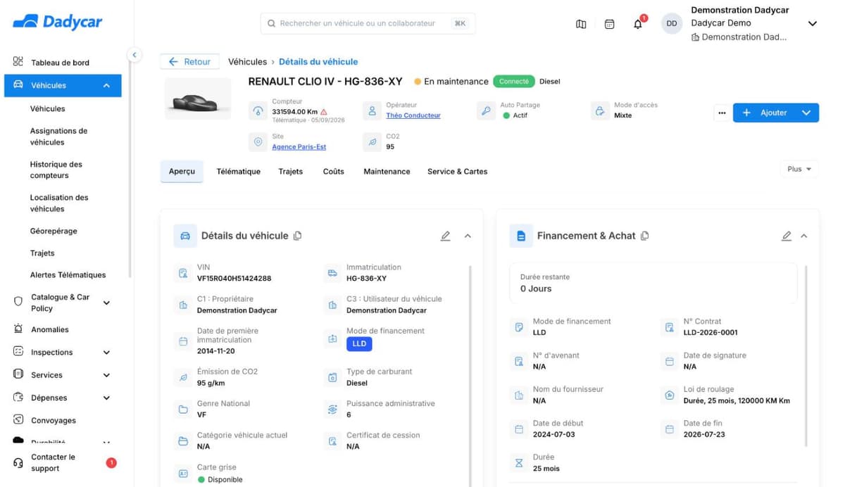 La fiche d'un véhicule : le titre avec la plaque et le statut En maintenance, le compteur, l'opérateur, l'auto partage, le mode d'accès, le site et le CO2, les onglets Aperçu, Télématique, Trajets, Coûts, Maintenance et Service & Cartes, puis les cartes Détails du véhicule et Financement & Achat.