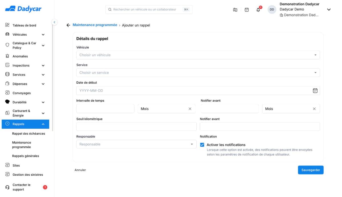 Formulaire Ajouter un rappel de Maintenance programmée dans Dadycar : véhicule, service, date de début, intervalle de temps, seuil kilométrique, responsable