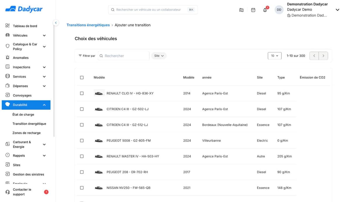 Écran Ajouter une transition de Dadycar, étape Choix des véhicules : liste à cocher avec modèle, année, site, motorisation et émission de CO2