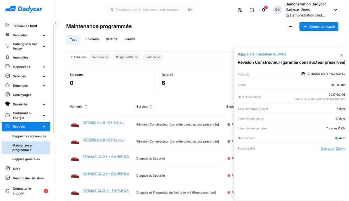 Volet Voir d'un rappel de prestation dans Dadycar : véhicule, statut, date d'échéance, seuil de rappel, intervalles, notifications, responsable