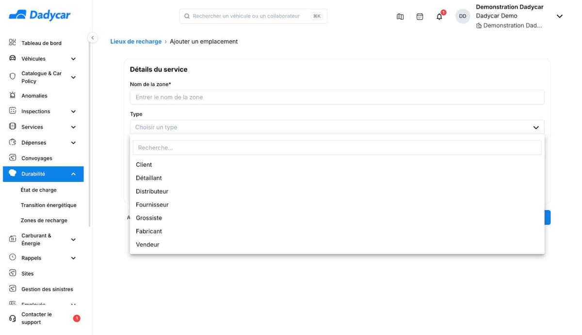 Formulaire Ajouter un emplacement de Dadycar, liste Type ouverte : Client, Détaillant, Distributeur, Fournisseur, Grossiste, Fabricant, Vendeur