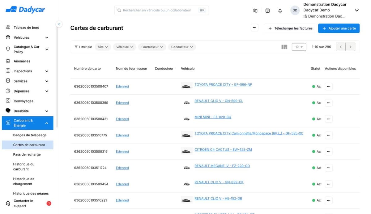 L'écran Cartes de carburant : les boutons Télécharger les factures et Ajouter une carte, les filtres Site, Véhicule, Fournisseur et Conducteur, le compteur « 1-10 sur 290 », puis le tableau avec le numéro de carte, le fournisseur, le conducteur et le véhicule.