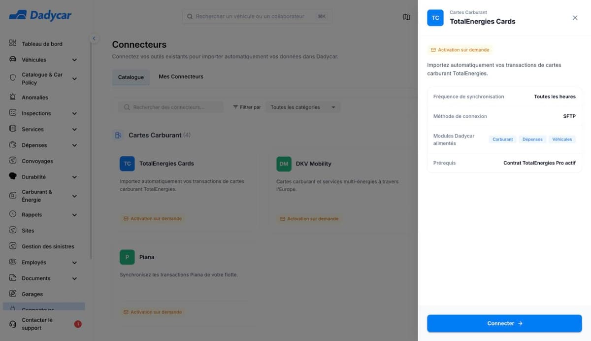 Fiche du connecteur TotalEnergies Cards dans Dadycar : synchronisation toutes les heures, méthode SFTP, modules Carburant, Dépenses, Véhicules, prérequis, bouton Connecter