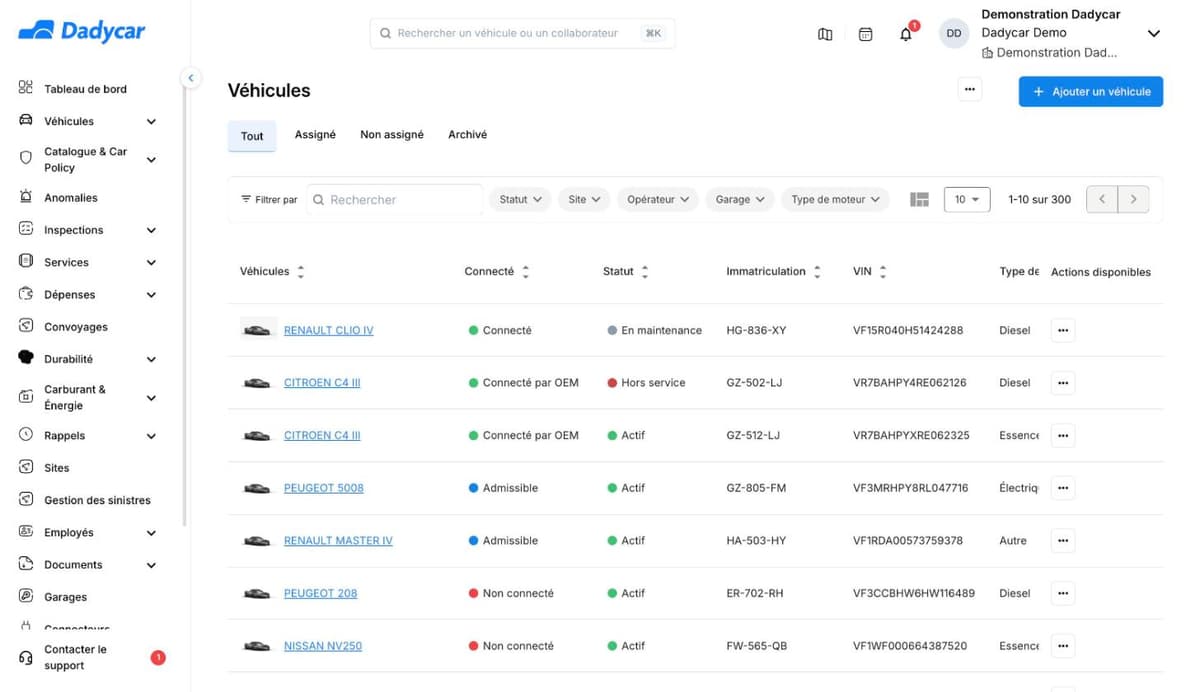La liste des véhicules avec les onglets Tout, Assigné, Non assigné et Archivé, et la colonne Connecté qui affiche Connecté, Connecté par OEM, Admissible ou Non connecté
