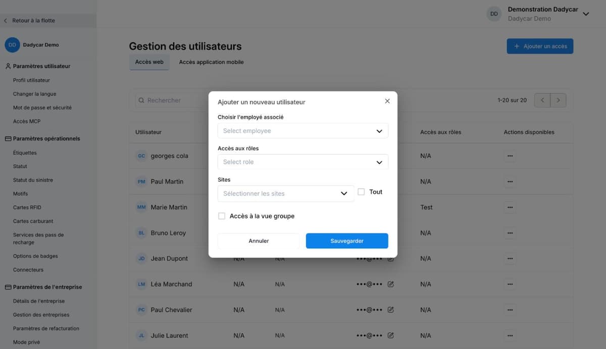 Fenêtre Ajouter un nouveau utilisateur de Dadycar : employé associé, accès aux rôles, sites, accès à la vue groupe