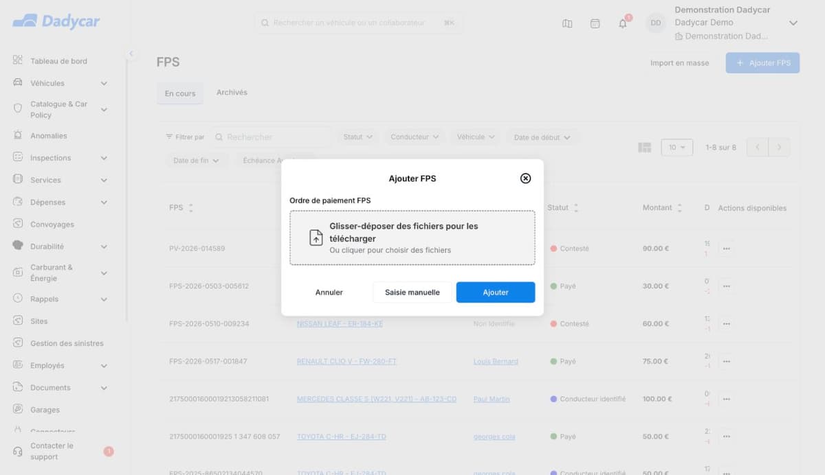 La fenêtre Ajouter FPS : une zone de dépôt pour l'ordre de paiement FPS, et les boutons Annuler, Saisie manuelle et Ajouter