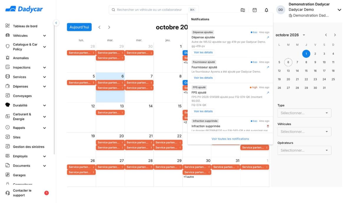 Le menu des notifications ouvert sous l'icône de la cloche : quatre événements récents — Dépense ajoutée, Fournisseur ajouté, FPS ajouté, Infraction supprimée — chacun avec sa priorité, son ancienneté et un lien Voir les détails, puis le lien Voir toutes les notifications en bas.