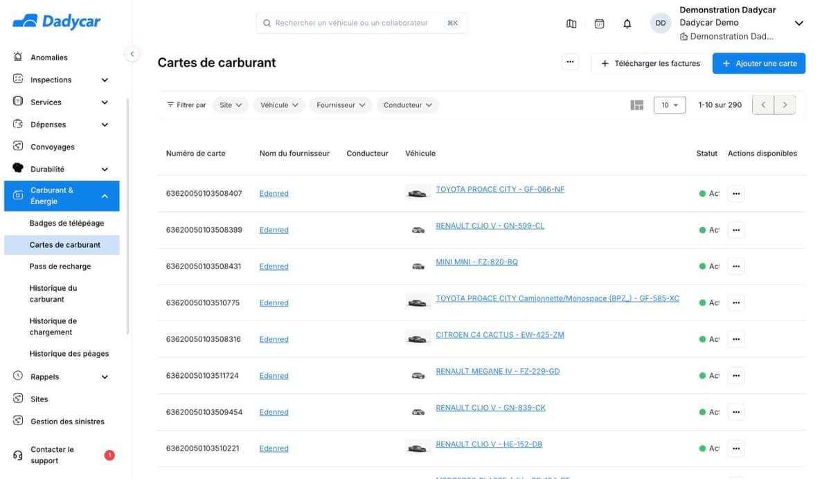 La barre latérale de Dadycar avec le menu Carburant et Énergie déplié : Badges de télépéage, Cartes de carburant, Pass de recharge, Historique du carburant, Historique de chargement et Historique des péages, à côté de la liste des cartes de carburant.