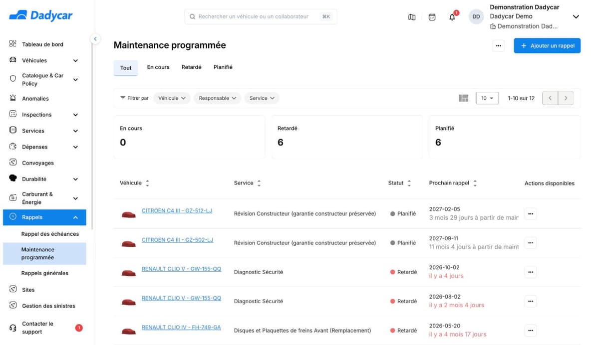 Liste Maintenance programmée de Dadycar : onglets, filtres, compteurs En cours, Retardé, Planifié et colonnes