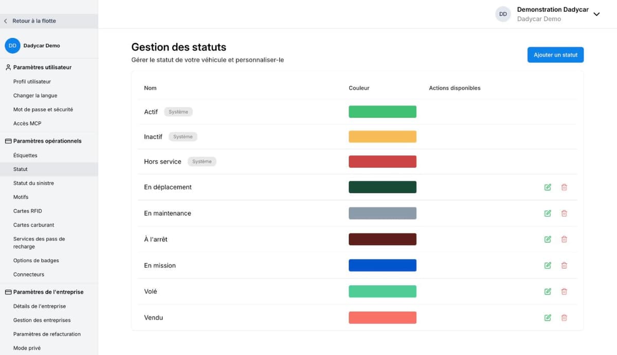 L'écran Gestion des statuts : Actif, Inactif et Hors service marqués Système, puis En déplacement, En maintenance, À l'arrêt, En mission, Volé et Vendu, modifiables, avec le bouton Ajouter un statut