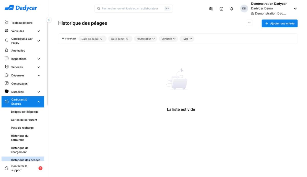 L'écran Historique des péages sur un compte qui n'a encore aucun passage : le bouton Ajouter une entrée, les filtres Date de début, Date de fin, Fournisseur, Véhicule et Type, puis le message « La liste est vide ».