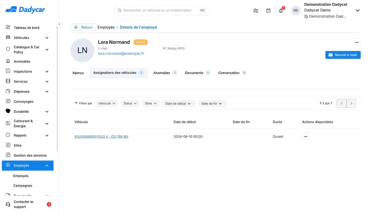 La fiche d'un employé, onglet Assignations des véhicules : le véhicule assigné, sa date de début et la mention Ouvert dans la colonne Durée