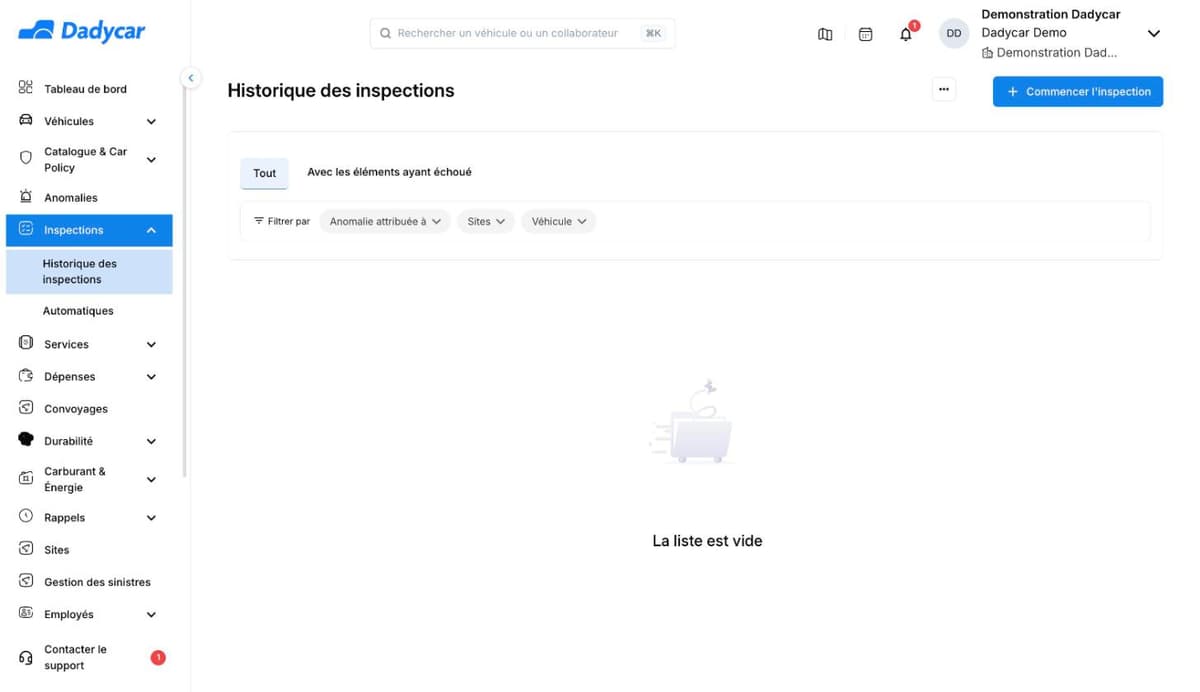 L'écran Historique des inspections : les onglets Tout et Avec les éléments ayant échoué, les filtres Anomalie attribuée à, Sites et Véhicule, et le bouton Commencer l'inspection