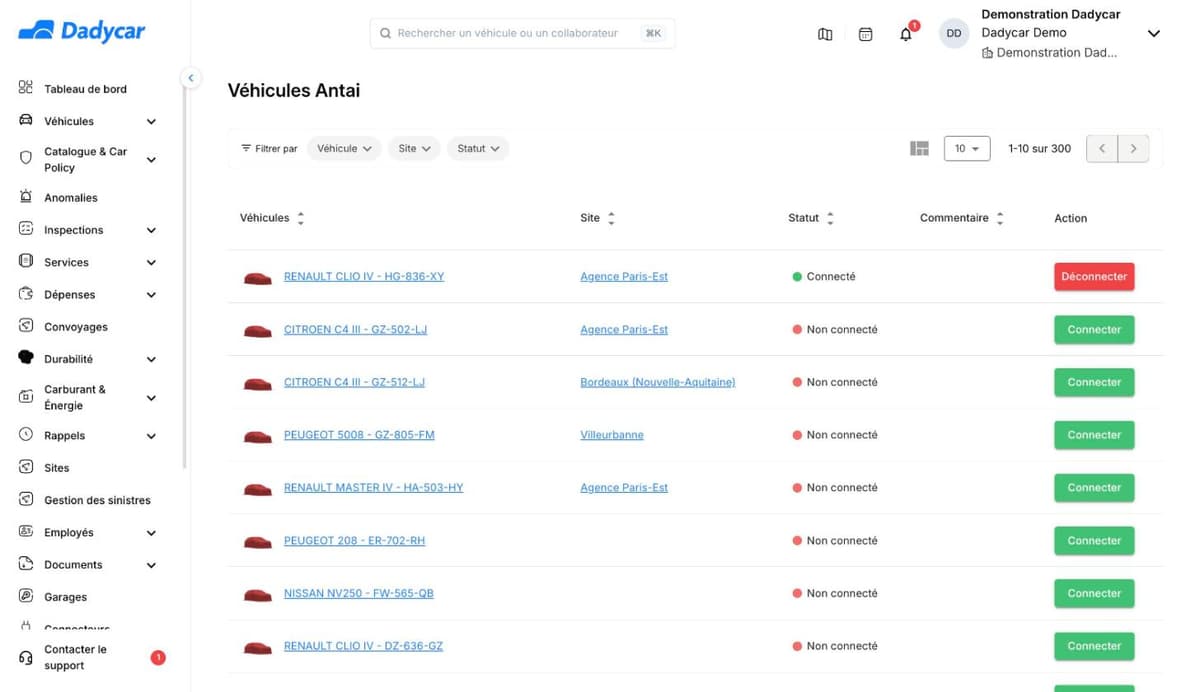 L'écran Véhicules Antai : une ligne par véhicule avec son site, son statut Connecté ou Non connecté, et le bouton Connecter ou Déconnecter