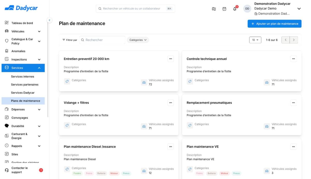La liste des plans de maintenance : une carte par plan avec sa description, ses catégories et son nombre de véhicules assignés