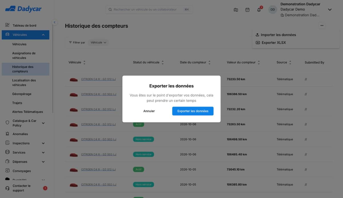 L'écran Historique des compteurs avec le menu ouvert sur Importer les données et Exporter XLSX, et la fenêtre de confirmation Exporter les données