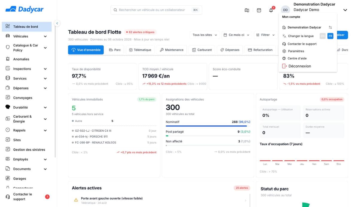 Le menu Mon compte ouvert en haut à droite : l'entreprise active avec une icône d'échange, le choix de la langue EN ou FR, puis Contacter le support, Paramètres, Centre d'aide et Déconnexion.