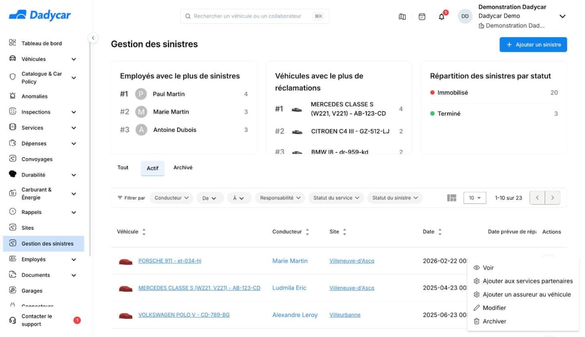 Écran Gestion des sinistres de Dadycar : trois synthèses, onglets Tout, Actif, Archivé, filtres et menu d'une ligne