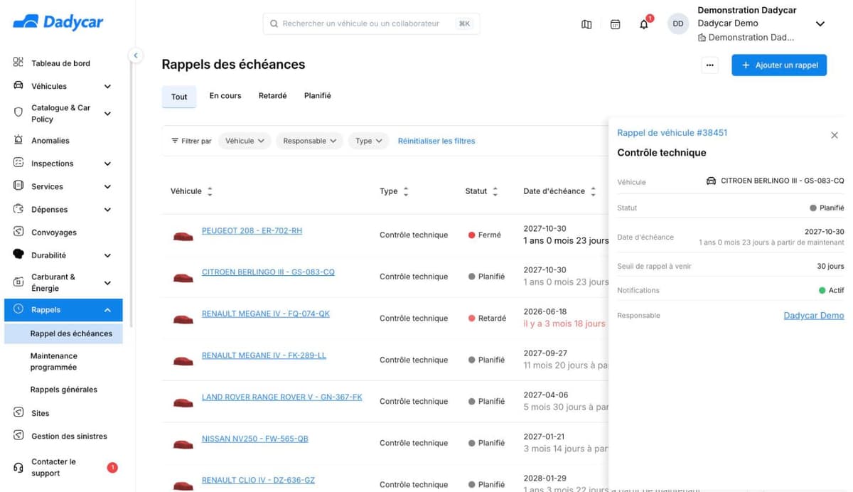 Liste Rappels des échéances de Dadycar avec le volet Voir ouvert : rappel de véhicule, contrôle technique, statut Planifié, seuil de rappel à venir, notifications, responsable