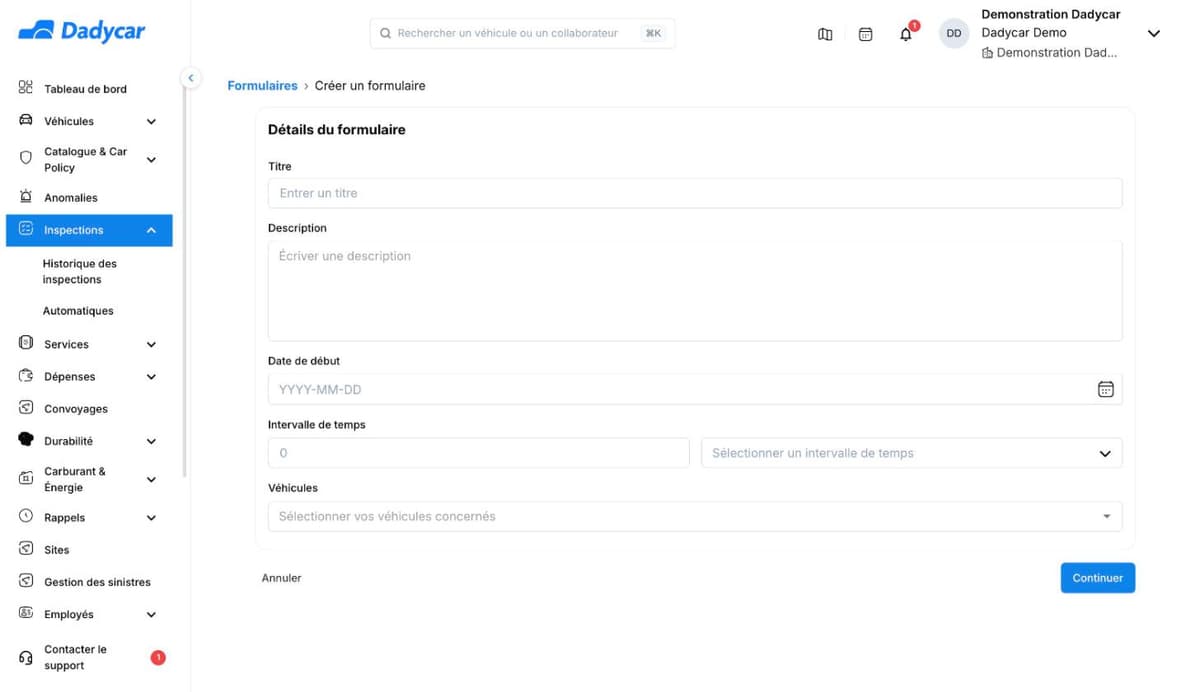 La page Créer un formulaire : les champs Titre, Description, Date de début, Intervalle de temps avec son unité, et Véhicules, avec les boutons Annuler et Continuer