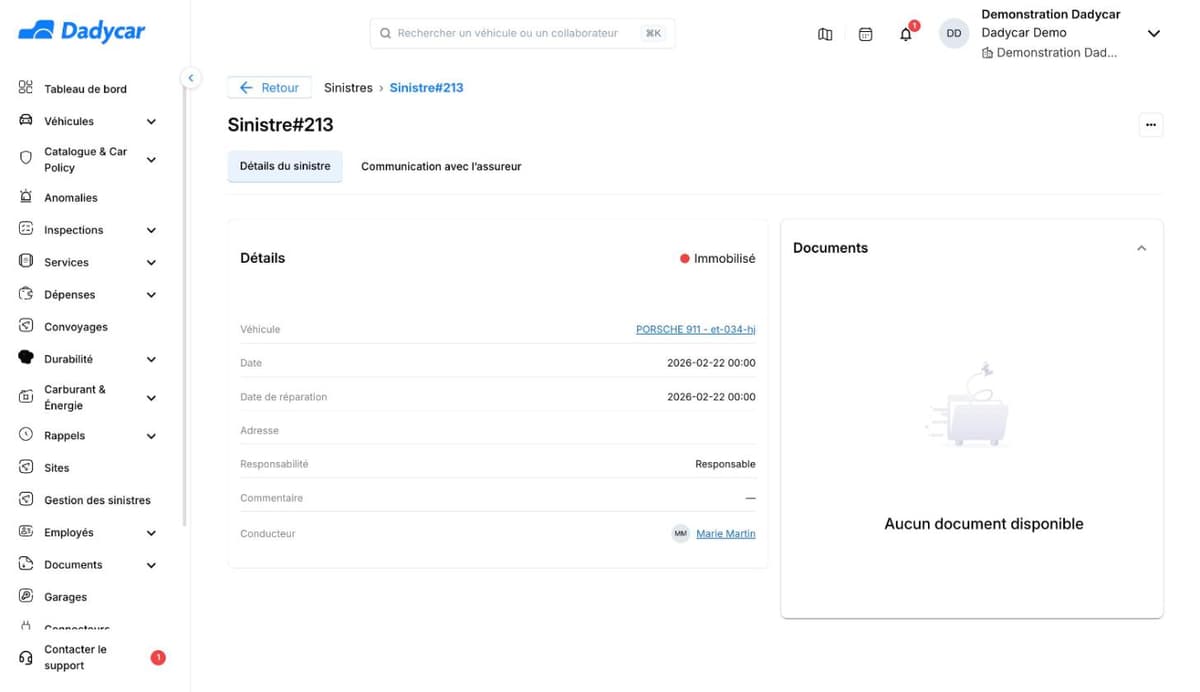 Fiche d'un sinistre dans Dadycar : statut Immobilisé, véhicule, date, date de réparation, responsabilité, conducteur, documents