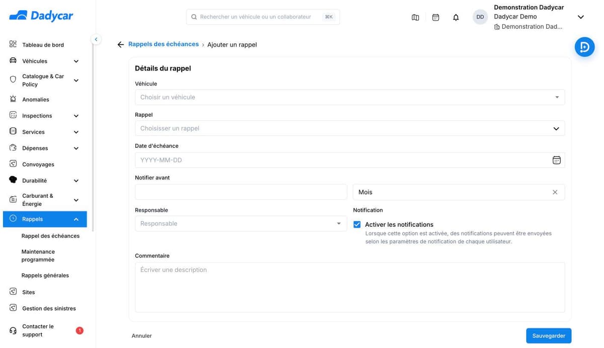 Le formulaire Ajouter un rappel : les champs Véhicule, Rappel, Date d'échéance, Notifier avant, Responsable, la case Activer les notifications et le champ Commentaire